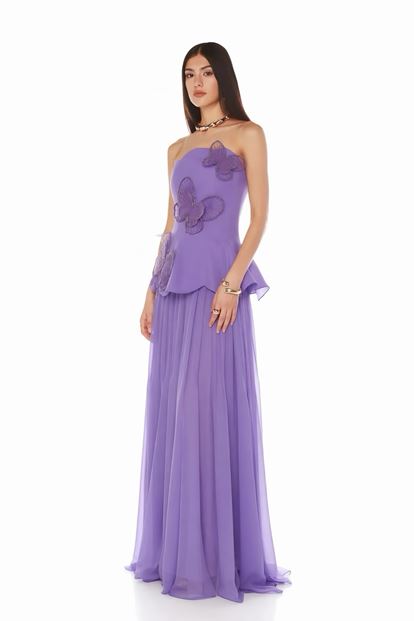 Lila Kelebek Detaylı  Abiye Elbise